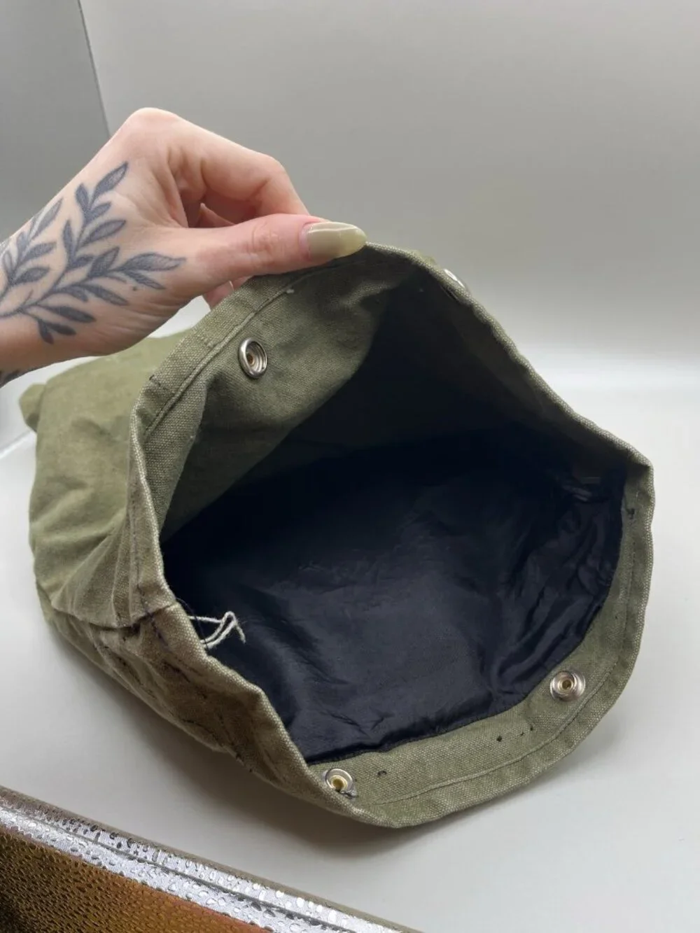 Military Olive Green Canvas Snap Utility Pouch Black Lined Storage Bag Tactical